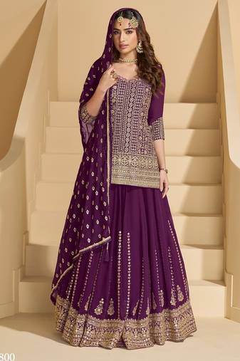 Dark purple Georgette Top & Skirt Wedding Set Free Size Full Stitched Upto 42