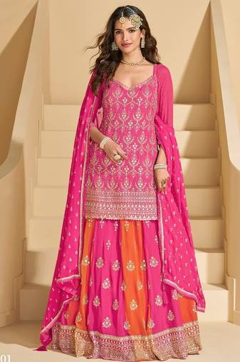 Pink georgette top & skirt wedding set - Free size full stitched upto 42