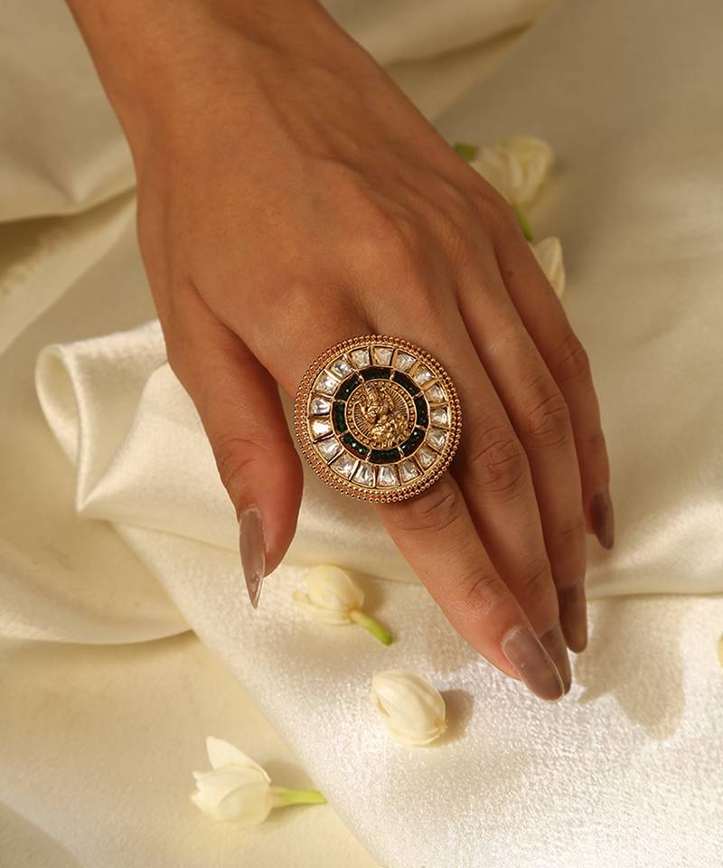 Gold plated green stone temple ring