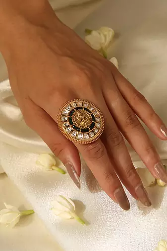 Gold plated green stone temple ring