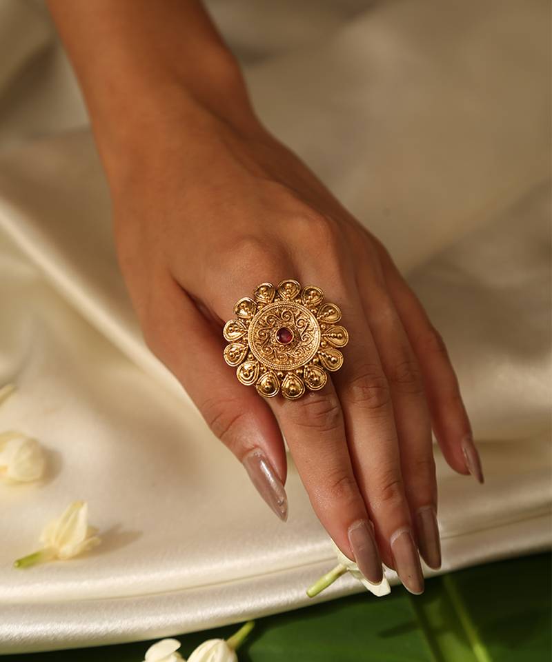 Gold plated red stone temple ring