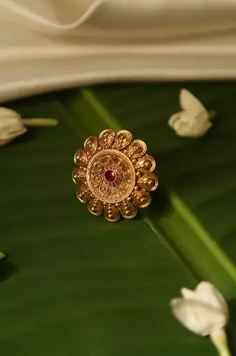 Gold plated red stone temple ring