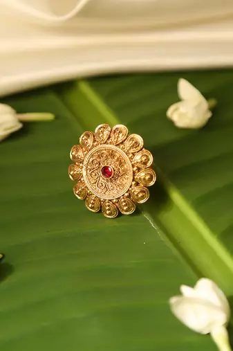 Gold plated red stone temple ring