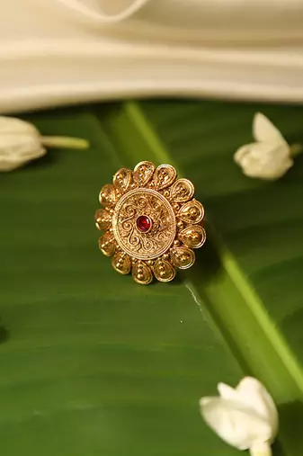 Gold plated red stone temple ring