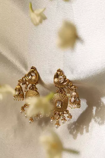 Gold plated temple pearl dangler earrings