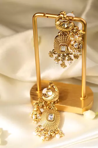 Gold plated temple pearl dangler earrings