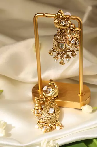 Gold plated temple pearl dangler earrings
