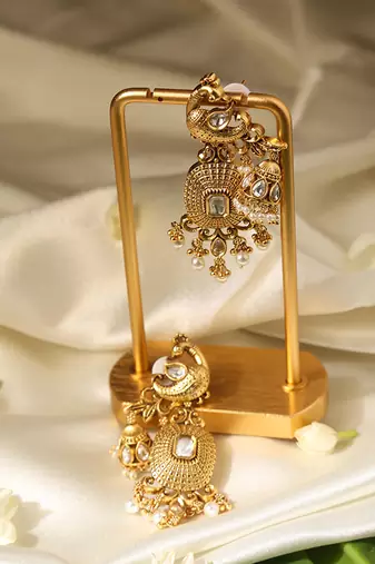 Gold plated temple pearl dangler earrings