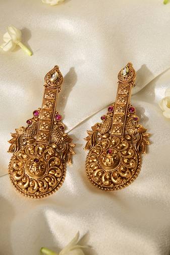 Gold plated red stone temple earrings