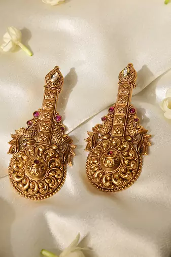 Gold plated red stone temple earrings