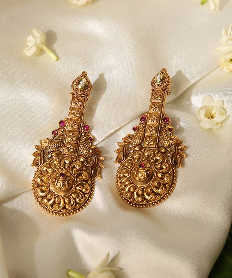 Gold plated red stone temple earrings