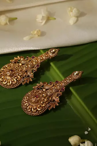 Gold plated red stone temple earrings