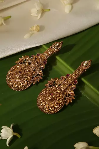 Gold plated red stone temple earrings