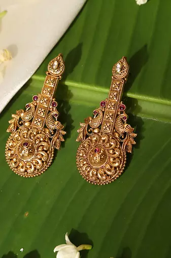Gold plated red stone temple earrings