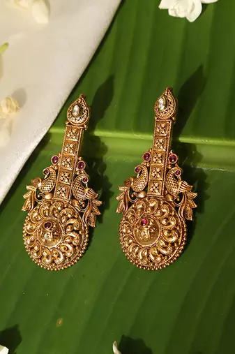 Gold plated red stone temple earrings