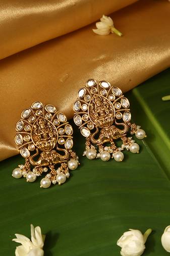 Gold plated temple pearl earrings