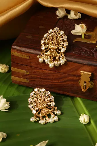 Gold plated temple pearl earrings