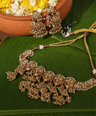 Gold plated pearl temple necklace set 1
