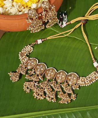 Gold plated pearl temple necklace set 3