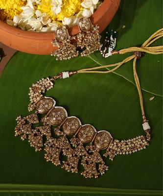 Gold plated pearl temple necklace set 5