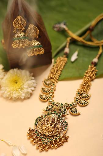 Gold plated green stone temple necklace set