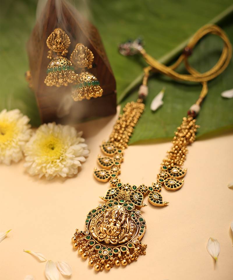 Gold plated green stone temple necklace set