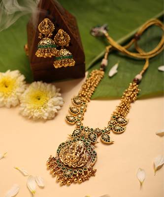 Gold plated green stone temple necklace set 2