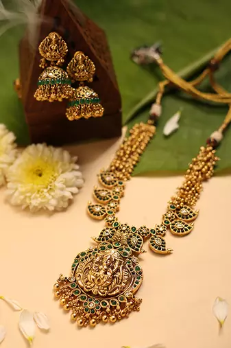 Gold plated green stone temple necklace set