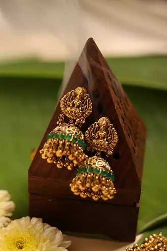 Gold plated green stone temple necklace set