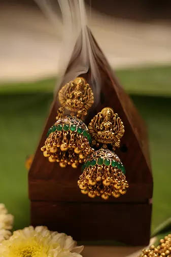 Gold plated green stone temple necklace set