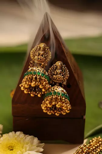 Gold plated green stone temple necklace set