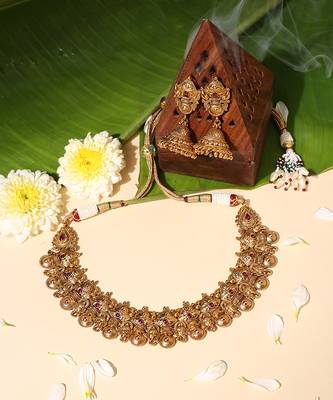 Gold plated red stone temple necklace set 1