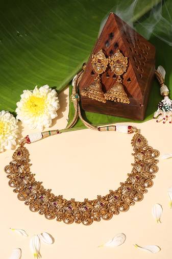 Gold plated red stone temple necklace set