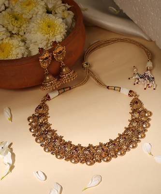 Gold plated red stone temple necklace set 2