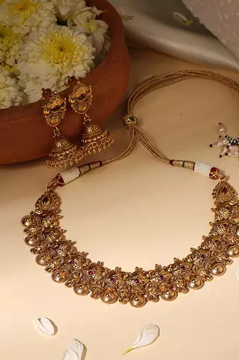 Gold plated red stone temple necklace set