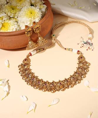 Gold plated red stone temple necklace set 3