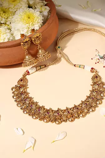 Gold plated red stone temple necklace set