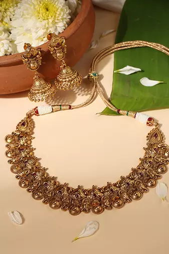 Gold plated red stone temple necklace set