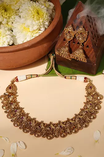 Gold plated red stone temple necklace set