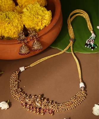 Gold plated red stone temple necklace set 2