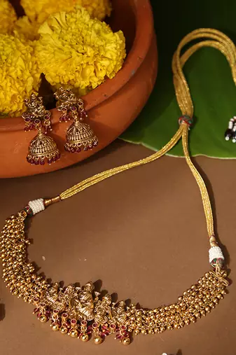 Gold plated red stone temple necklace set