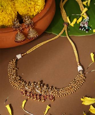 Gold plated red stone temple necklace set 3
