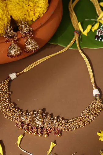 Gold plated red stone temple necklace set