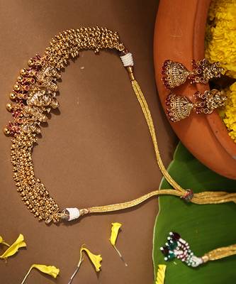 Gold plated red stone temple necklace set 4
