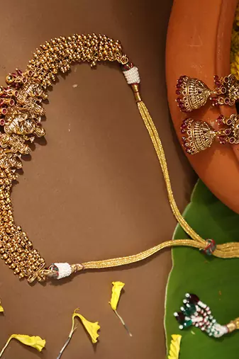 Gold plated red stone temple necklace set