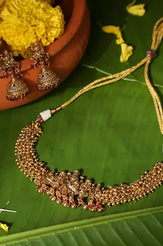 Gold plated red stone temple necklace set