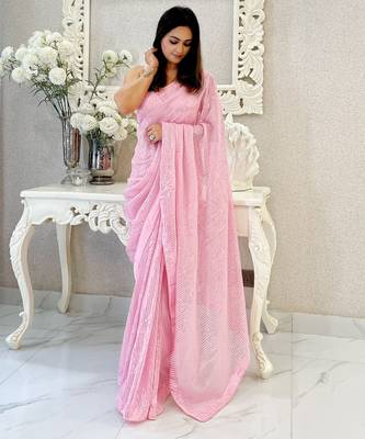 baby pink heavy sequance embroidery work georgette saree with blouse piece 3