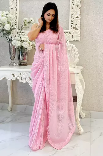 baby pink heavy sequance embroidery work georgette saree with blouse piece