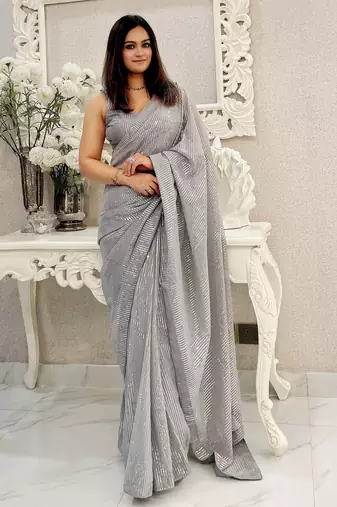 grey heavy sequance embroidery work georgette saree with blouse piece