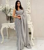 grey heavy sequance embroidery work georgette saree with blouse piece